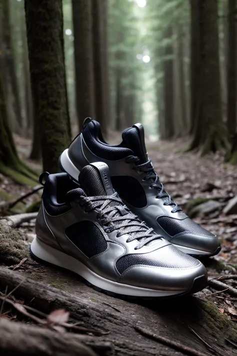 Photo of a metalic sneakers in the forest, blurry