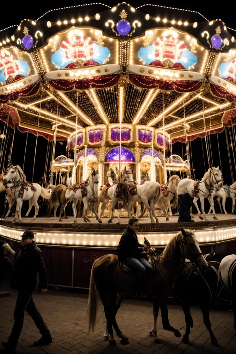 A photo of a whimsical carnival of twinkling lights with a carousel of horses that come to life.