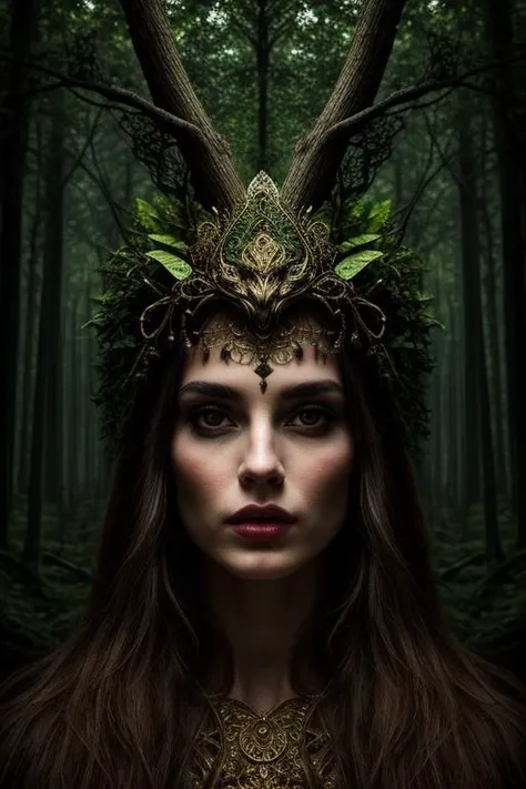 woman in a mythical forest, masterpiece, perfect face, intricate details, horror theme
