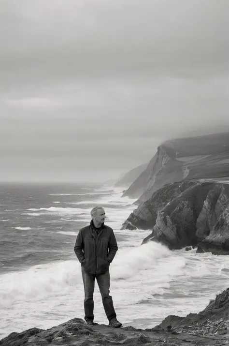 b&w portrait photo of 54 y.o man, coastline, overcast weather, wind, waves, soft lighting, high quality, film grain, Fujifilm XT3