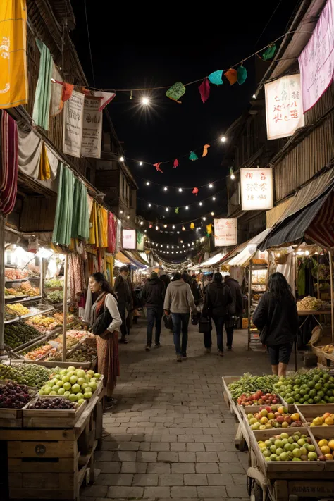 A landscape of a bustling marketplace filled with exotic fruits and vibrant textiles.
