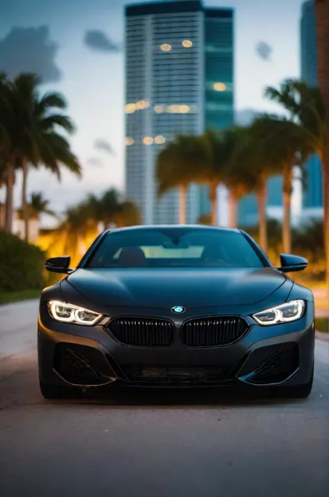 cinematic photo of black matte BMW in Miami, perfect lighting, vibrant, high detailed, epic, movie still, film grain