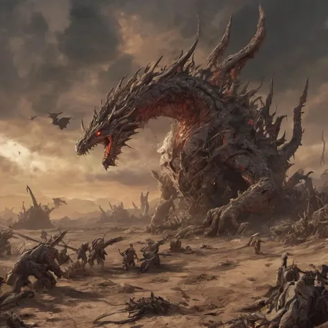 Necrotic Dragon in a War-Torn Landscape, Battlefield aftermath, necrotic dragon rising from the ground, soldiers' corpses animating, sky blotted out, lands barren, dragon's breath reviving the dead, endless night, cries of the fallen, landscape of despair, twisted metal, scorched earth, dragon commanding legions of undead, relentless advance, survivors' terror