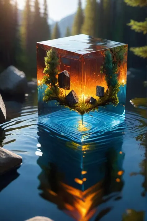 extremely detailed render, rough cube, floating, glowing elements, perfect environment, nature, oil paint by Greg Rutkowski