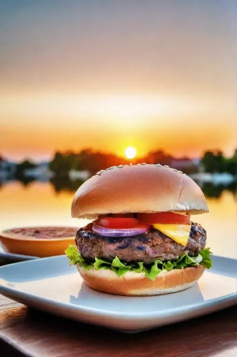 instagram photo, photo of burger on a table, high detailed, sunset