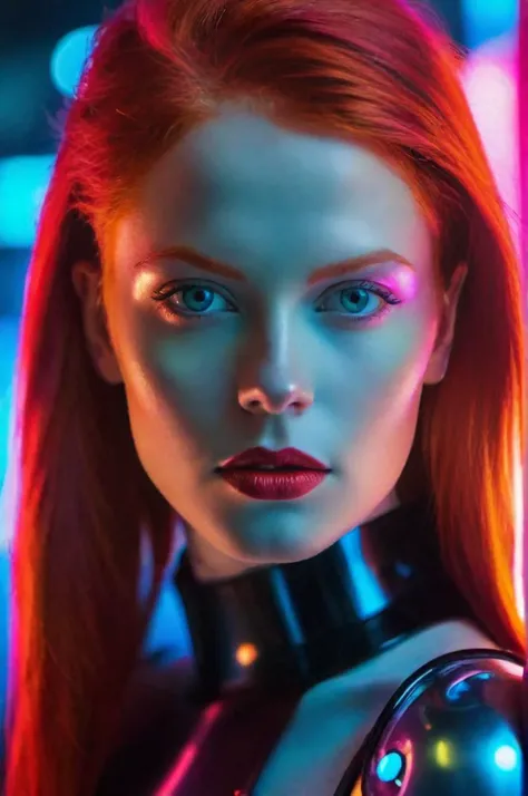 A Photography capturing the essence of a young cyborg woman with fiery red hair. Her face fills the frame, bathed in neon hues, exuding determination and mystery amidst a futuristic backdrop, <lora:afro_enhanced:0.1>