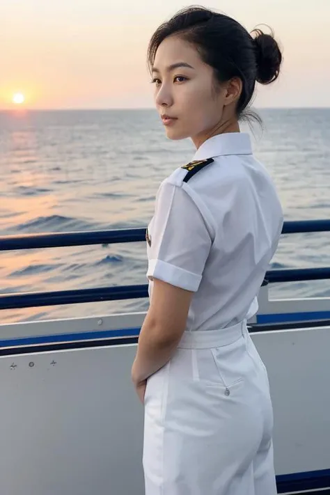 5. Female marine officer (ethnicity: East Asian, age: 30s) on the deck of a navy ship (setting: open sea, sunrise). She's in a naval uniform (fabric: crisp, white) with her hair in a regulation bun, and minimal, neat makeup. She's looking through binoculars (view: distant horizon), her posture authoritative and vigilant.