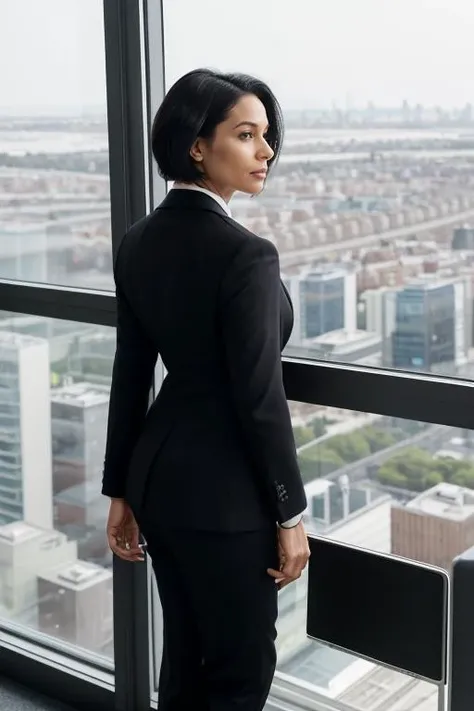 4. Female executive (ethnicity: Black, age: 40s) in a high-rise office (setting: modern, overlooking a cityscape). She's in a sharp business suit (fabric: fine wool, tailored) with her hair styled in a sleek bob, and professional makeup. She's looking out the window (view: sprawling city below), her pose powerful and contemplative.