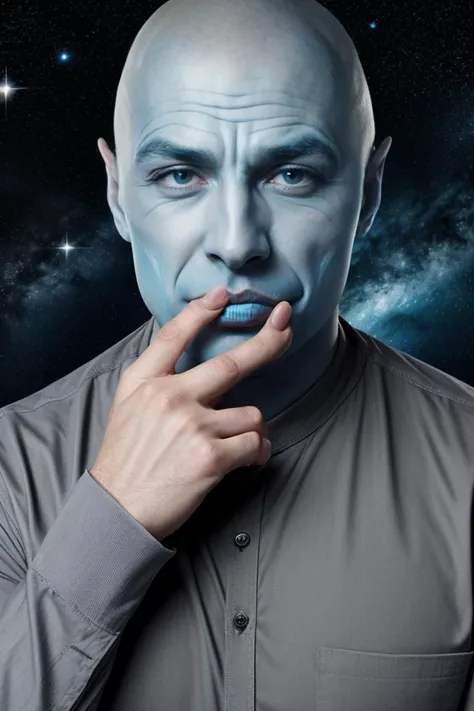 (blue skin), (blue hands), DR EVIL as a bolian, bald, face scar, stripes, (grey eyes), platinum pinky ring, pinky on mouth, alien, stars Space background, dark grey shirt
<lora:Detail Slider + Noise Offset By Stable Yogi:0.4> darkness, night