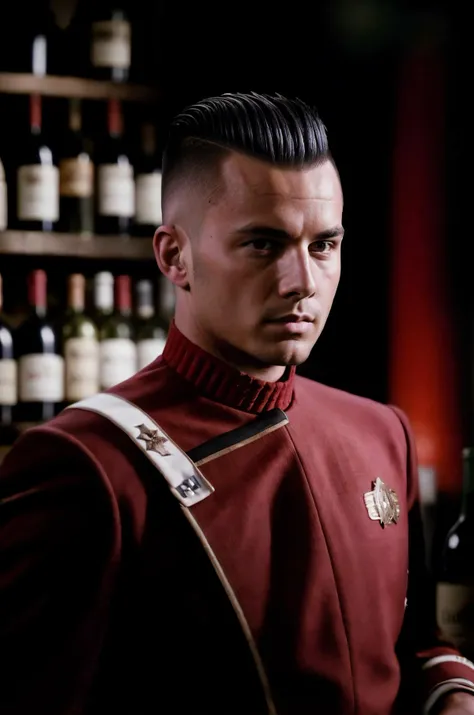young man with a mohawk in red startrektos uniform,wine cellar,barrels,wine bottle,professional photograph of a stunning man detailed, sharp focus, dramatic, award winning, cinematic lighting, octane render, unreal engine, volumetrics dtx, ( bokeh, blurry foreground, blurry background), <lora:TOSV3:0.8>