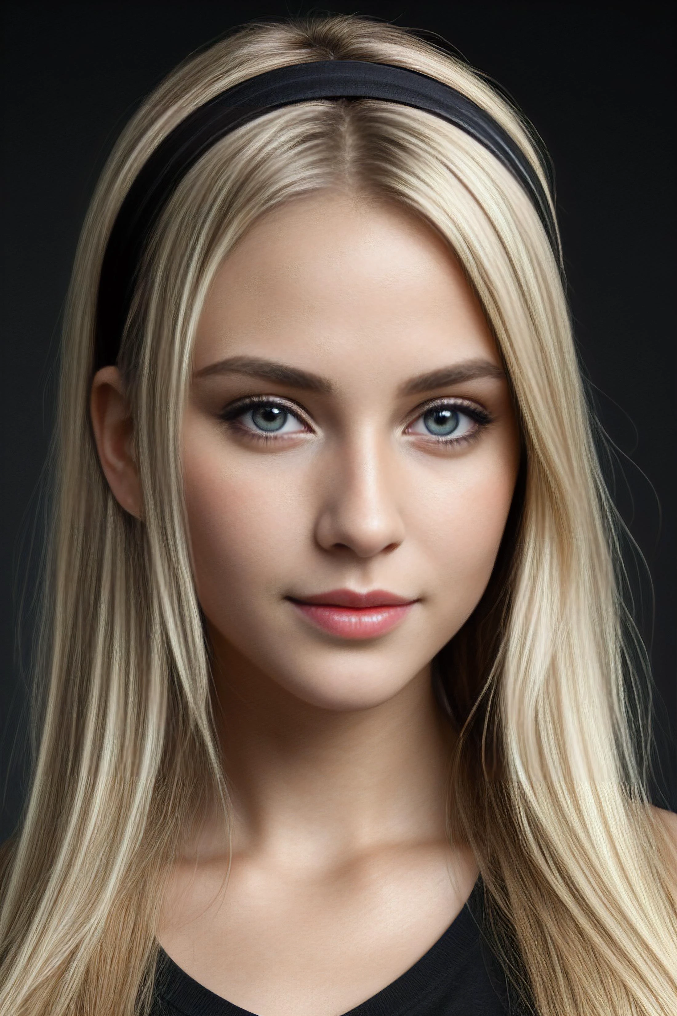 real, masterpiece, best quality, (detail skin texture, ultra-detailed body),
<lora:AbbieCornish_smf_lora_v02-000004:0.9>, 1girl, 4b6i3c-smf, solo, blonde hair, hairband, realistic, long hair, lips, black shirt, upper body, expressionless, brown eyes, smile