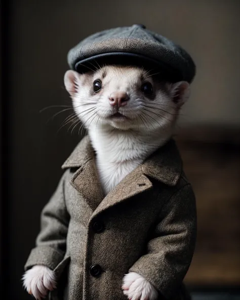 A charming photo of a small anthropomorphic ferret. He is wearing a newsboy cap and has a very long torso
masterpiece, ultra-quality, hyperrealistic, RAW photo, highly detailed, 4k, medium shot, cinematic photography, natural texture, action shot, XF IQ4, 150MP, 50mm, ISO 1000, 1/250s, natural light