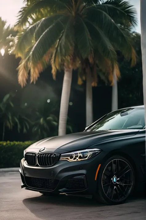 cinematic photo of black matte BMW in Miami, perfect lighting, vibrant, high detailed, epic, movie still, film grain