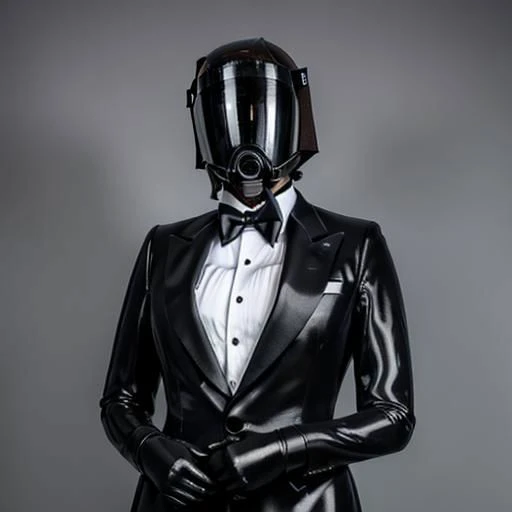 1female, (ruffled fancy tuxedo suit outfit), ,Dyed egirl hair, egirl makeup, large breasts, photorealistic, best quality , 8k, , beautiful face, intricate, ultra detailed, nice background, latex drone, face covering helmet