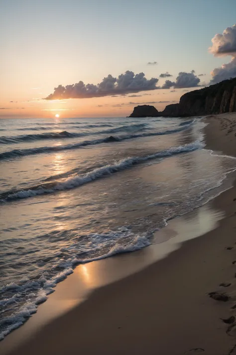 A landscape of a serene beach at sunset, with golden sand, gentle waves, and a pastel-colored sky.