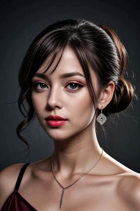 (masterpiece:1.21), (bestquality:1.21), 8k, high detailed, ultra-detailed, depth of field, wide angle, 1girl, beautiful face, Graceful Hands, Real Skin Texture, solo, looking at viewer, clean background trending, (portrait photo of a gray backdrop), black eyes, beautiful detailed eyes, random_color_lipstick, eyeliner, eyelashes, random_color_nail_polish, earrings, necklace, Medium brown Hair, low ponytail, Happy, cinematic lighting, <lora:Detail Slider V2 By Stable :0.5> <lora:NOISEOFFSET_V2_BY_STABLE_YOGI:0.5>
