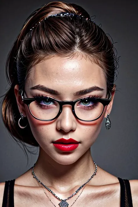 (Best quality, masterpiece:1.2), detailed eyes, depth of field, 1 girl, garter belts, (handmade:1.4), (penis:1.2),focus on penis, (naked tits covered in cum:1.3 NFV((after blowjob)), ((cum on face))huge lips, lip filler, Red lips,, glasses, lock of hair, tie, collared shirt, leaning back, big breasts