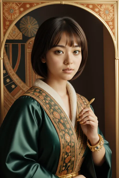 1girl, [ (portrait art designed by Judith Leyster:1.3) : (Saul Leiter:0.9) :10], baroque art, epic Digital artwork, detailed intarsia inlay of a masterpiece, Elusive Insecure electric orange Sudanese ([Pine needle carpet|Millennium Falcon]:1.3) , it is engraved with Crystal and dark green details, it is with Realistic print, Autumn leaf pile background, dense indoors and Gemini constellation in background, at Golden hour, in focus, Sci-Fi, Action Painting, Dramatic spotlight, F/8, Kodak portra, gilded technique, Instagram, pixiv, High quality