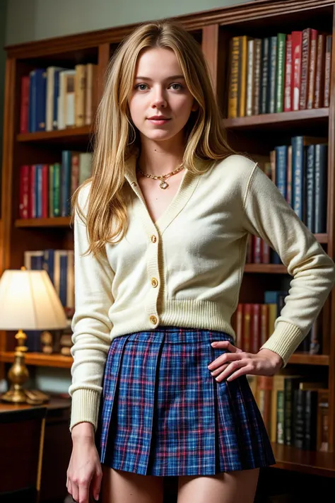 Animal House \(style\)  photo  of beautiful fit, thin , 25 y/o ( jp-Lydia-325:1.1), Vintage waves, muted makeup, Buttoned cardigan, tartan skirt, College library, rows of books, Hasselblad 500C, 80mm f/2.8, 1/60s, ISO 125