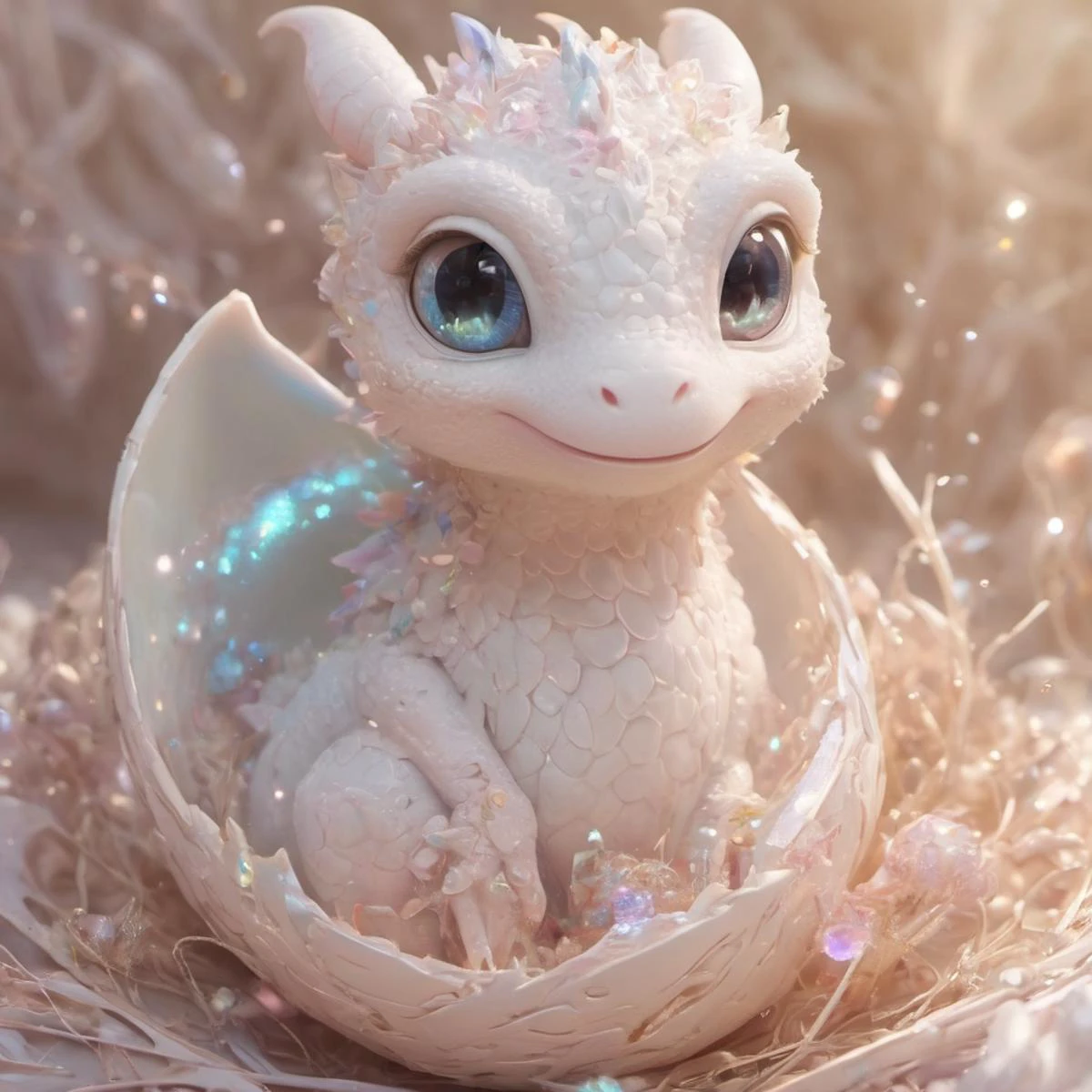 Tiny dragon, hatching from egg, wide-eyed curiosity, soft pastel colors, glittering eggshell pieces, cozy nest, gentle morning light, sparkling eyes, fluffy appearance, animated expressions, joyful discovery