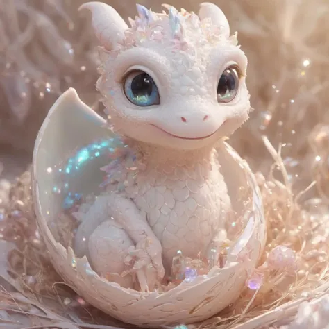 Tiny dragon, hatching from egg, wide-eyed curiosity, soft pastel colors, glittering eggshell pieces, cozy nest, gentle morning light, sparkling eyes, fluffy appearance, animated expressions, joyful discovery