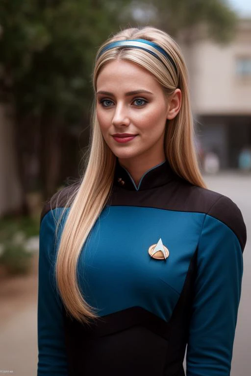 young woman in blue s3stngunf uniform,real, masterpiece, best quality, (detail skin texture, ultra-detailed body),
<lora:STNGV3new:0.8>, 1girl, solo,blonde hair, hairband, realistic, long hair, lips, upper body, expressionless,  brown eyes, smile