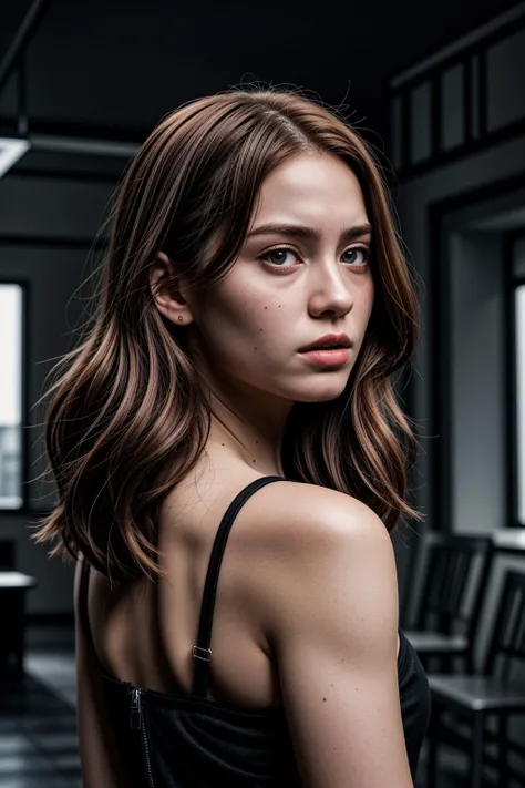 award winning movie poster of a psychological thriller featuring a redhead girl in the background with her back turned from the viewer, BREAK, Another girl with pale skin and dark hair looks at the viewer with a distant expression and piercing gaze, the poster has a dark and gloomy vibe, <lora:Detail Slider V2 By Stable :0.4> <lora:NOISEOFFSET_V2_BY_STABLE_YOGI:0.5>