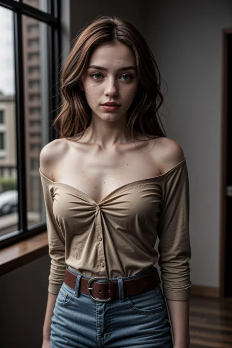 1girl, belt, blurry background, clothes writing, collarbone, freckles, green eyes, indoors, lips, long hair, looking at viewer, nose, parted lips, portrait, realistic, red hair, shirt, solo, standing, upper body, woman  <lora:lostark_alancea:0.2>, <lora:Detail Slider V2 By Stable :0.4> <lora:NOISEOFFSET_V2_BY_STABLE_YOGI:0.5>