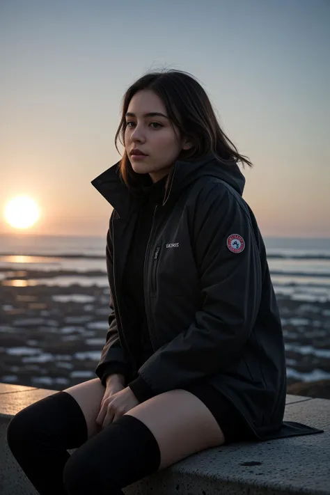 (1girl, young beauty, winter jacket, thighhighs), sitting, from below, sharp focus, ,((sunset)),volumetric fog, outdoors, <lora:Detail Slider V2 By Stable :0.2> <lora:NOISEOFFSET_V2_BY_STABLE_YOGI:0.25>
