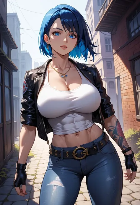 1girl ,backless pants ,blue eyes ,boots ,bra ,breasts ,chaps ,cleavage ,cowboy boots ,crop top ,cropped jacket ,fingerless gloves ,gloves ,hair over one eye ,jacket ,large breasts ,leather ,leather jacket ,looking at viewer ,midriff ,navel ,panties ,pants ,short hair ,smile ,solo ,Stapless ,strapless bra ,toned ,underwear ,white hair