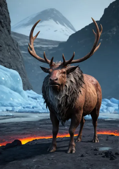best quality, a old Beast with fur and antlers, epic, ice, lava in the background