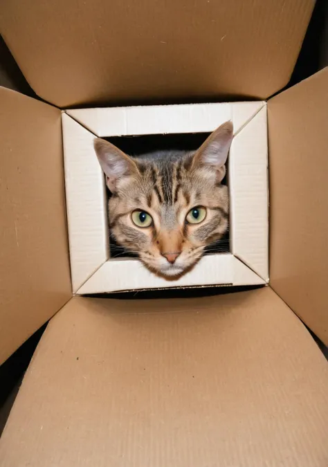 photograph, cat inside a box, shot from above