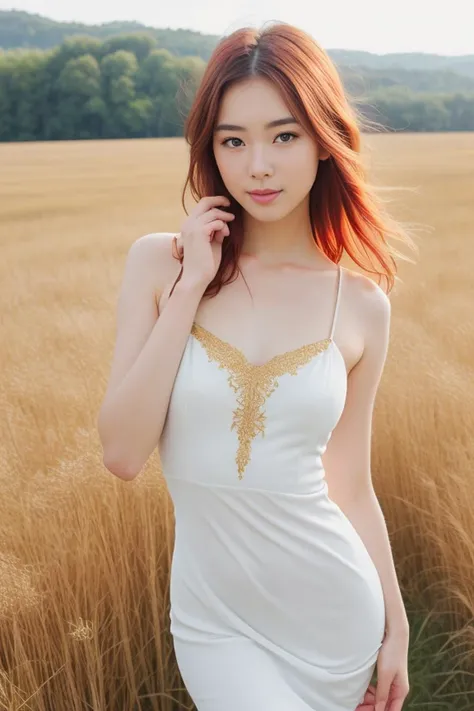 ((masterpiece, best quality)), (((masterpiece, best_quality, highest quality))), (perfect detail, perfect skin:1.2),(highres), original,extremely detailed 8K wallpaper,(an extremely delicate and beautiful),incredibly_absurdres, intricate detail, distinct_image,extremely intricate,(detailed skin:1.3) , best quality:1.2, High definition, intricate details, finely detailed, beautiful detailed, high detailed skin, ((glossy skin)), shiny skin, (white skin:1.3), (pale skin:1.3),(natural light, ray tracing, volumetric light), (top quality), (golden-ratio face, perfect proportioned face, perfectly beautiful:1.3), (peer proportional face), (peer proportional body, proportional awesome body:1.3), parted lips, ((presenting)), (perfect anatomy, correct limb, correct finger), ((looking at viewer, eye contact)),((eye contact)), (cowboy shot:1.3), 1girl, Create an image of an anime girl with bright red hair, wearing a sundress and holding a bouquet of wildflowers, standing in a field of tall grass with a soft breeze blowing through. The scene should capture the whimsical and carefree style of Sakimichan, with a sense of peace and tranquility in the air.