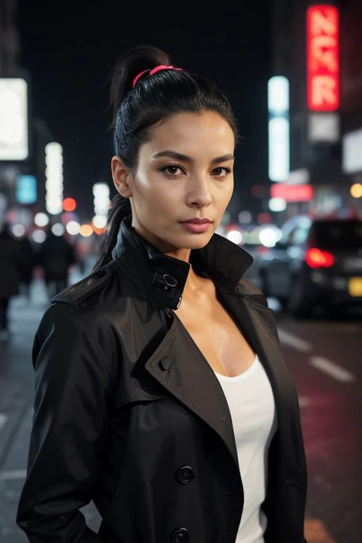 2. Female detective (ethnicity: Black, age: 30s) in a bustling city night (setting: neon-lit, urban). She's in a sleek trench coat (fabric: waterproof, dark) with her hair in a low ponytail, and sharp, understated makeup. She's examining clues (detail: focused, analytical), her stance determined and observant.