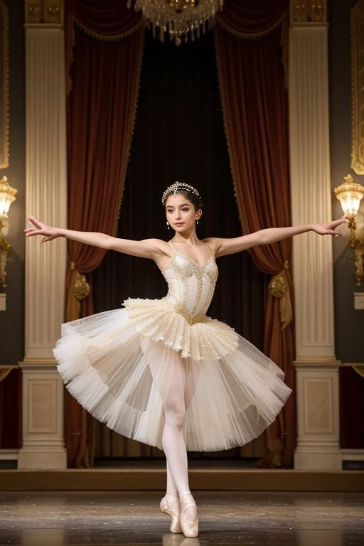 9. A young ballet dancer (ethnicity: Middle-Eastern, age: early 20s) in a grand, classical theatre (setting: opulent, historic). She's dressed in an exquisite, hand-sewn tutu (fabric: delicate tulle) with intricate beadwork. Her hair is styled in an elegant bun, adorned with white flowers, and her makeup is refined and graceful. She's performing a captivating pirouette (pose: graceful, poised), with the spotlight highlighting her, against a backdrop of velvet curtains and a mesmerized audience.
