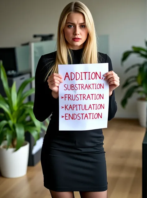 photo, realistic, Film still, raw photo, 4k, 20yo German leggy slender blonde girl, business dress, (pantyhose), flat shoes, black business dress, full lips, long hair, looking at viewer, frustrated, , holding piece of paper with handwritten text read as "ADDITION, SUBSTRAKTION, FRUSTRATION, KAPITULATION, ENDSTATION" , the words are written with red permanent marker and separated by arrows,, indoors, office, computers, plants, standing, symmetrical face. natural light, cinematic light, edge detection insane details , (detaled text:1.4), <lora:fluxunchained-lora-r128-v1:0.8>
