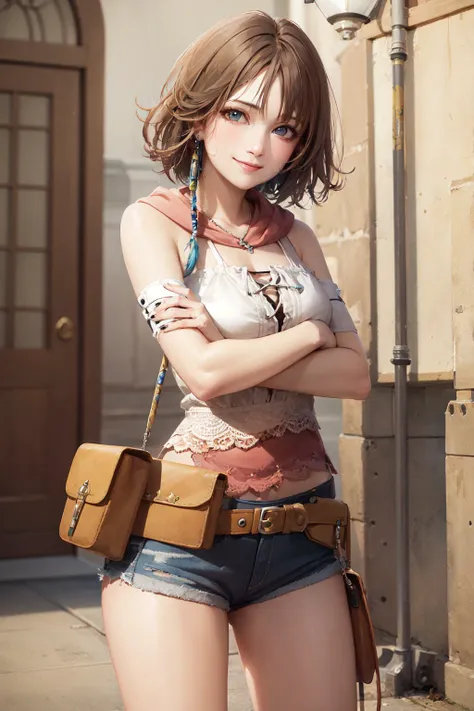 (masterpiece, best quality:1.2), <lora:ffx_yuna-11:1>, cowboy shot, solo, 1girl, yuna \(ff10\), smile, closed mouth, looking at viewer, heterochromia, green eyes, blue eyes, shorts, skirt, belt pouch