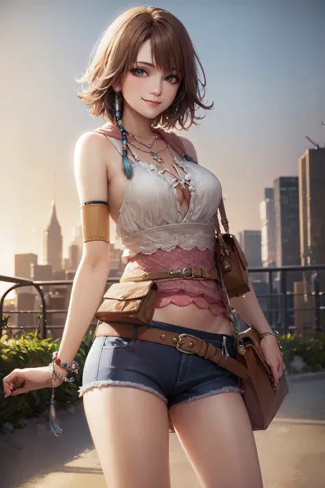 (masterpiece, best quality:1.2), <lora:ffx_yuna-11:1>, cowboy shot, solo, 1girl, yuna \(ff10\), smile, closed mouth, looking at viewer, heterochromia, green eyes, blue eyes, shorts, skirt, belt pouch