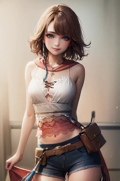 (masterpiece, best quality:1.2), <lora:ffx_yuna-11:1>, cowboy shot, solo, 1girl, yuna \(ff10\), smile, closed mouth, looking at viewer, heterochromia, green eyes, blue eyes, shorts, skirt, belt pouch