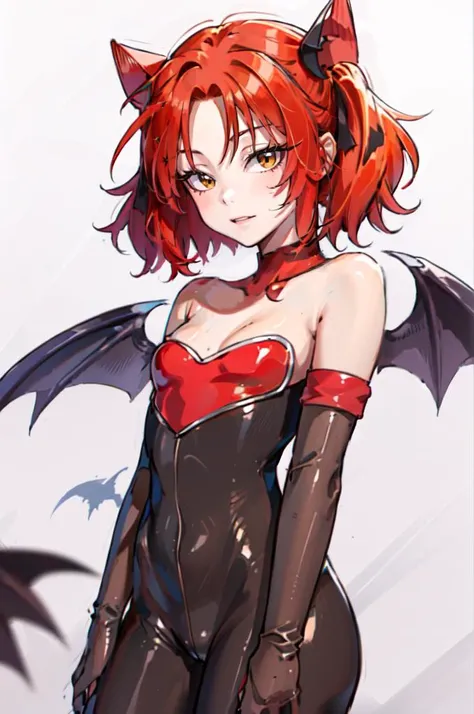 perfect anatomy, super detailed skin, masterpiece、Best Quality、masterpiece,  high resolution on down, 8K quality,  perfect face,  anime style 、flat chest, very short hair, lil1th 4ensland, purple hair, red eyes, head wings, bat wings, red leotard, bridal gauntlets, blue pantyhose, print legwear, bat print, off-shoulder, Alluring anime woman, confident smile, red cheek, Model Pose, Contrapposto, cowboy shot, Pink Beige Background, 