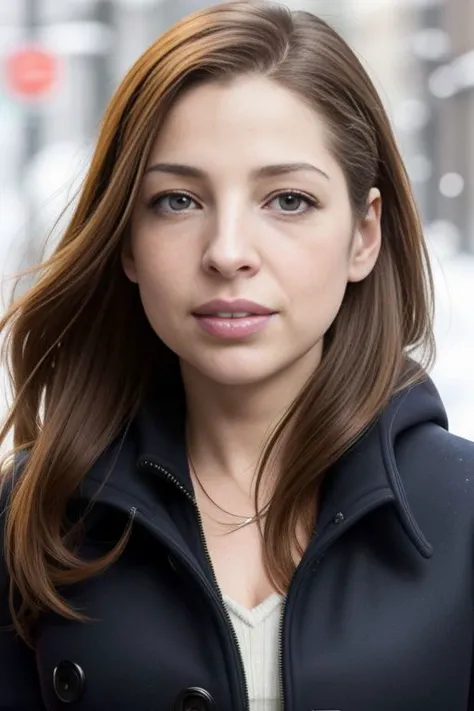Picture, best quality, portrait photo of woman (Koh_AnnaHopkins:0.95), wearing a winter coat, walking on montreal city street, looking at viewer, perfect face, perfect eyes, sharp focus, ((realistic)), snow falling, snowfall