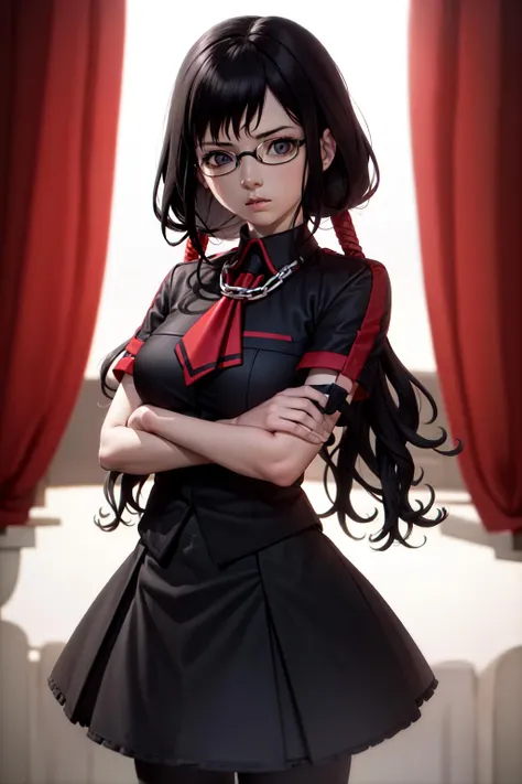 (masterpiece, best quality:1.2), <lyco:blood-c_kisaragi-10:1.0>, cowboy shot, solo, 1girl, kisaragi saya, expressionless, closed mouth, looking at viewer, crossed arms, twintails, glasses, school uniform, skirt