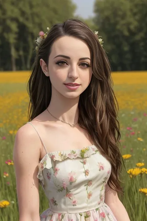 Picture, best quality, in a field of flowers, in a meadow, photo of beautiful Koh_Gibi, hair in ponytail, wearing floral summer dress with frills, (multicolor dress), looking at viewer, perfect face, perfect eyes, sharp focus, bright daylight, random artist