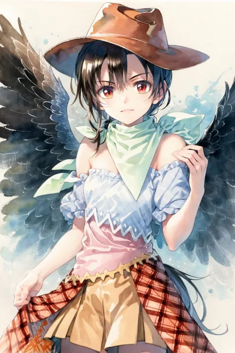 kurokoma saki, 1girl,cowboy ，((large breasts)) ，smiling,high quality,illustration，hat,black hair,long hair,ponytail,red eyes,bandana, white scarf,multicolored clothes,bare shoulder,short sleeves,blue shirt,wings,multicolored dress, brown skirt,plaid skirt,overskirt,horse tail,ruins
