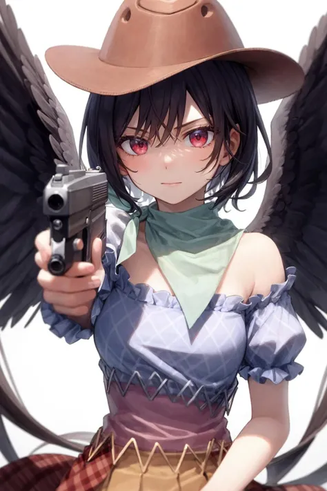 masterpiece, best quality ,
 <lora:KurokomaSaki:1>,1girl, cowboy hat, kurokoma saki, solo, gun, wings, weapon, black hair, red eyes, black wings, hat, breasts, bandana, off-shoulder shirt, off shoulder, shirt, white background, looking at viewer, brown headwear,  blue shirt, bangs, upper body, feathered wings, holding gun, aiming at viewer, handgun, simple background, bare shoulders, holding, holding weapon, revolver, short sleeves, plaid, medium breasts, puffy sleeves
