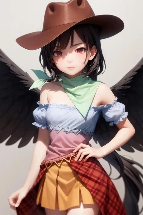 (masterpiece),best quality, expressive eyes, perfect face, 1girl,
big breast, H-cup, good breast, beautiful, gorgeous,anime,girl,lora, floating clothes, tent chest ,
 nipple visible  though clothes,Saki Kurokoma,
red eyes,
black hair,
short hair,
long ponytail,
black wings,
black horse tail,
brown cowboy hat,
brown boots,
light blue plaid shirt,
light pink shirt,
brown plaid skirt,
light orange skirt,
shoulders,
white bandana tied around neck,crazy smile,yameroyandere,yandere,crazy eyes,dark,glowing eyes,shaded face,empty eyes,w sitting, w sitting on ground,legs on ground,arms between legs, hands between thighs,both arms between legs