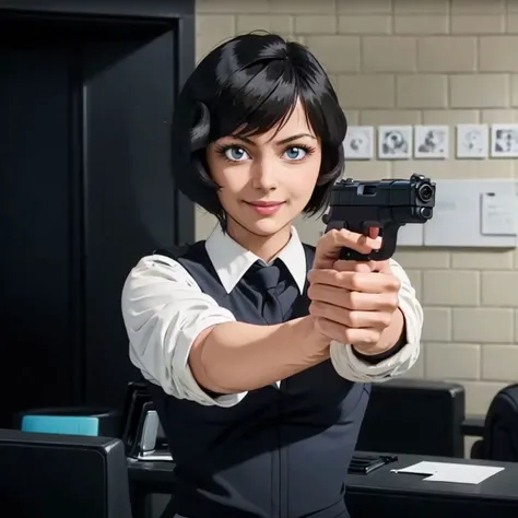 masterpiece, best quality, a portrait of a female flight attendant is IRENEVINCENT,holding handgun,aiming,looking at viewer,smile,short hair,black hair,blue eye,dark skin, <lora:IreneVincent-by_Jibun001:0.65>