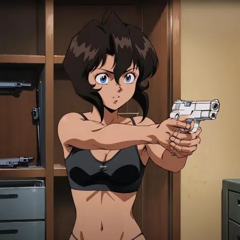masterpiece,high quality,indoors,
<lora:irenevincent001:0.7>,
holding handgun,aiming,1girl,
short hair,black hair,blue eyes,dark skin,
black underwear,panties,
