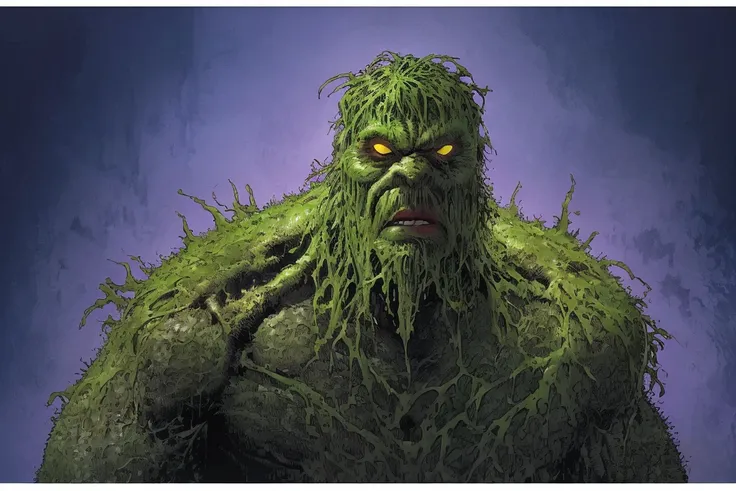 Facial closeup of the swamp thing, simple background