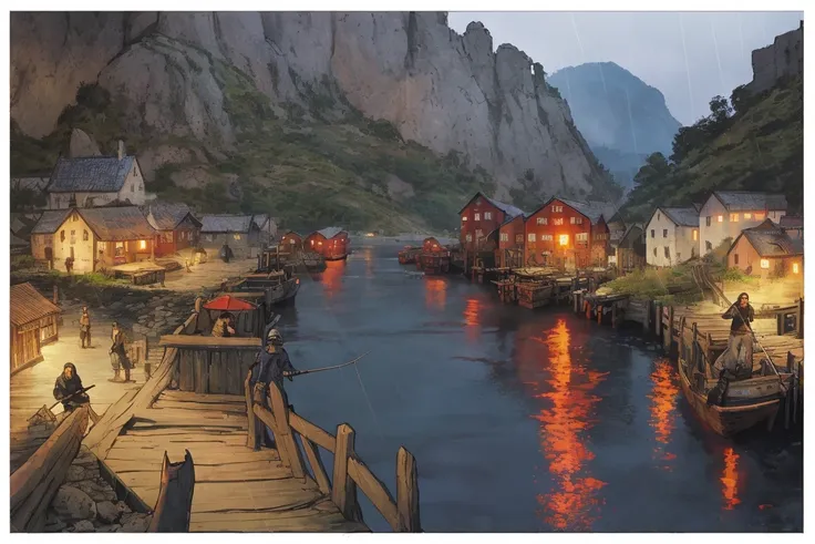 A medieval fishing village, scenery, fortress, raining, fish monsters, horror \(theme\)